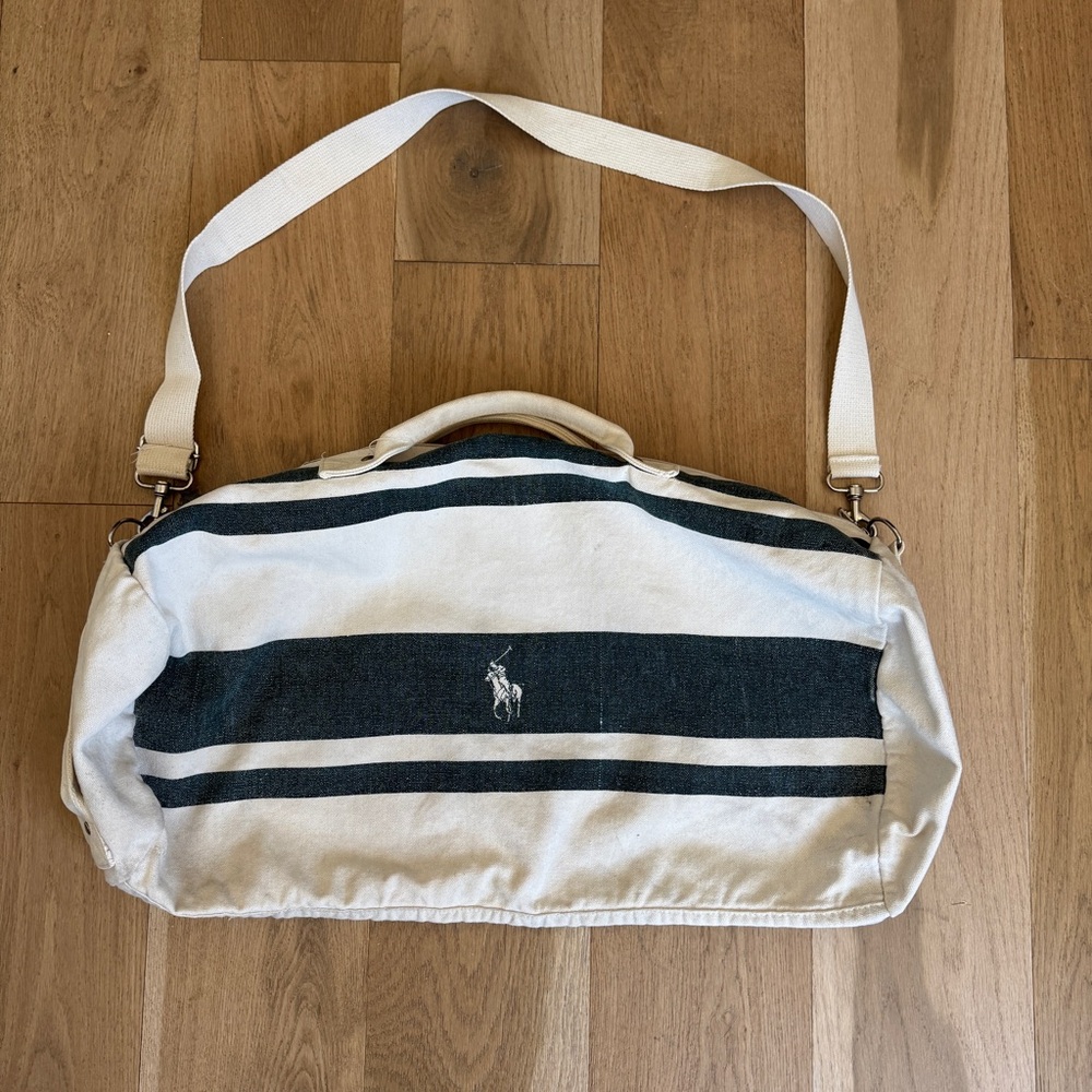 VINTAGE Polo Ralph Lauren Canvas Duffel Bag Cream Green Striped Logo Gym Travel